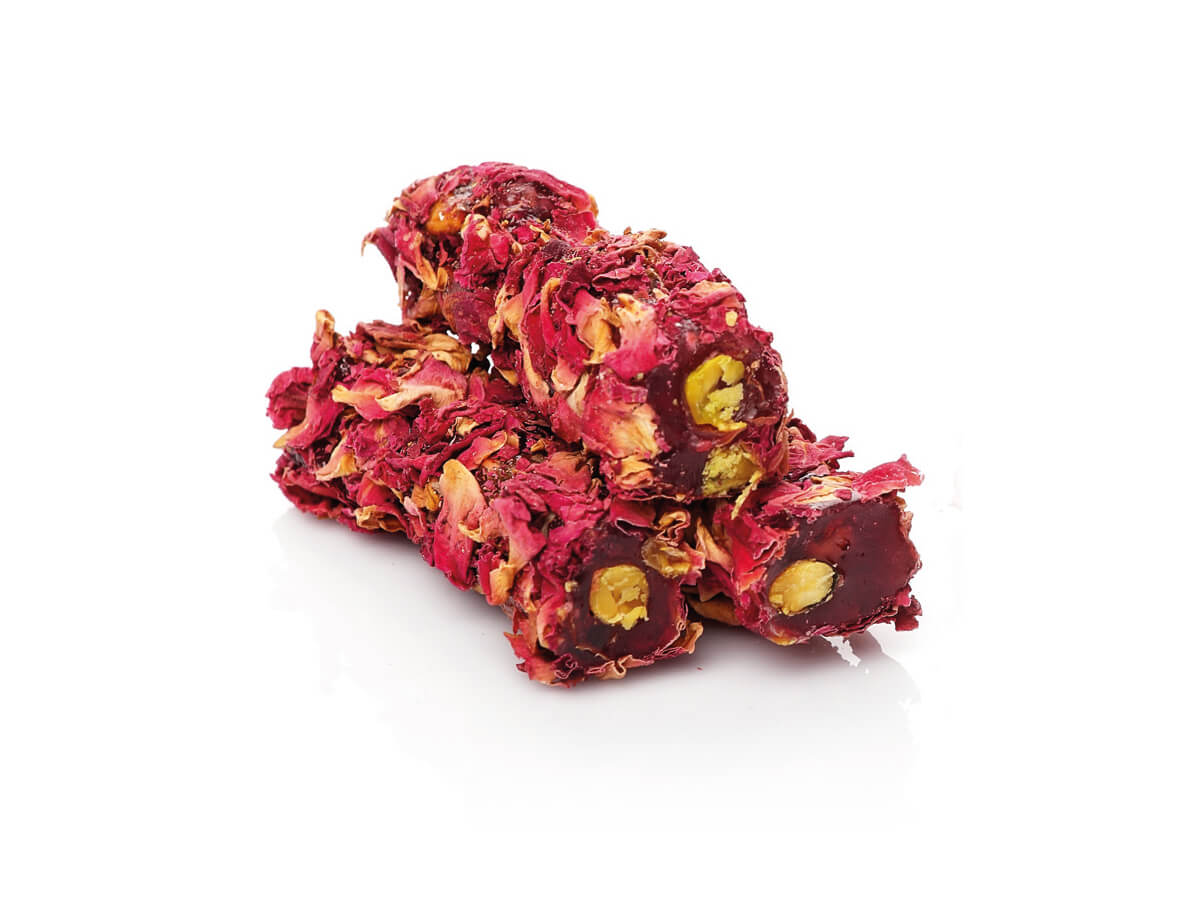A. Pistachio & Pomegranate Flavored Finger Turkish Delight Coated with Rose Petals