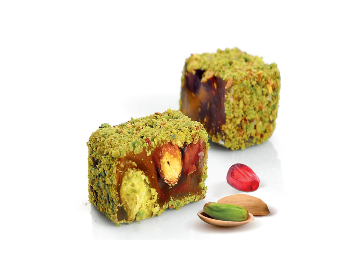 A. Pistachio Powder-Coated Pomegranate-Flavored Double-Roasted Turkish Delight