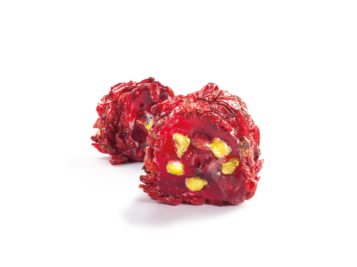 A. Pistachio & Pomegranate Flavored Ribbon Turkish Delight Coated with Barberries