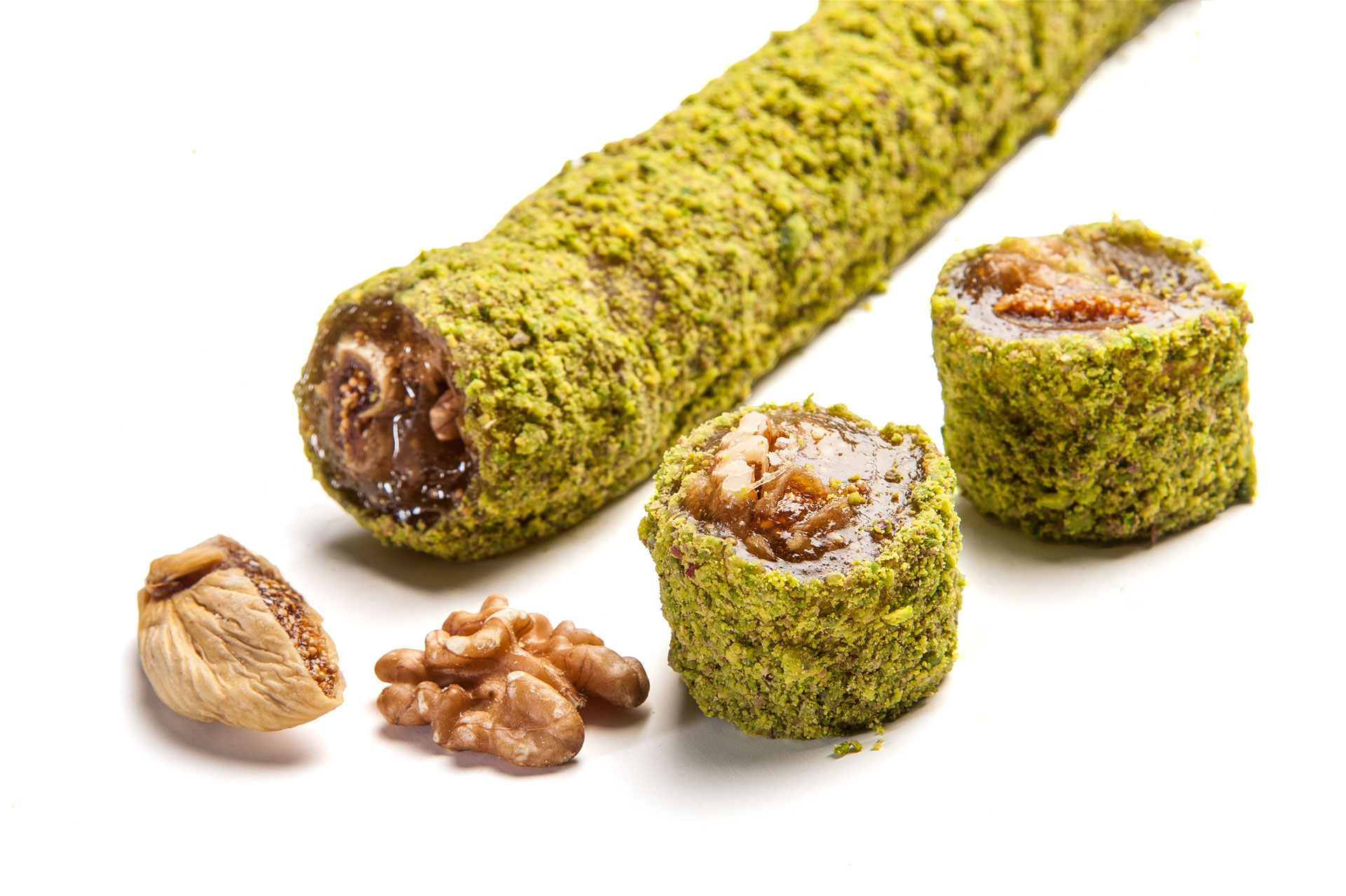 Walnut and Fig Turkish Delight Coated with Ground Antep Pistachio