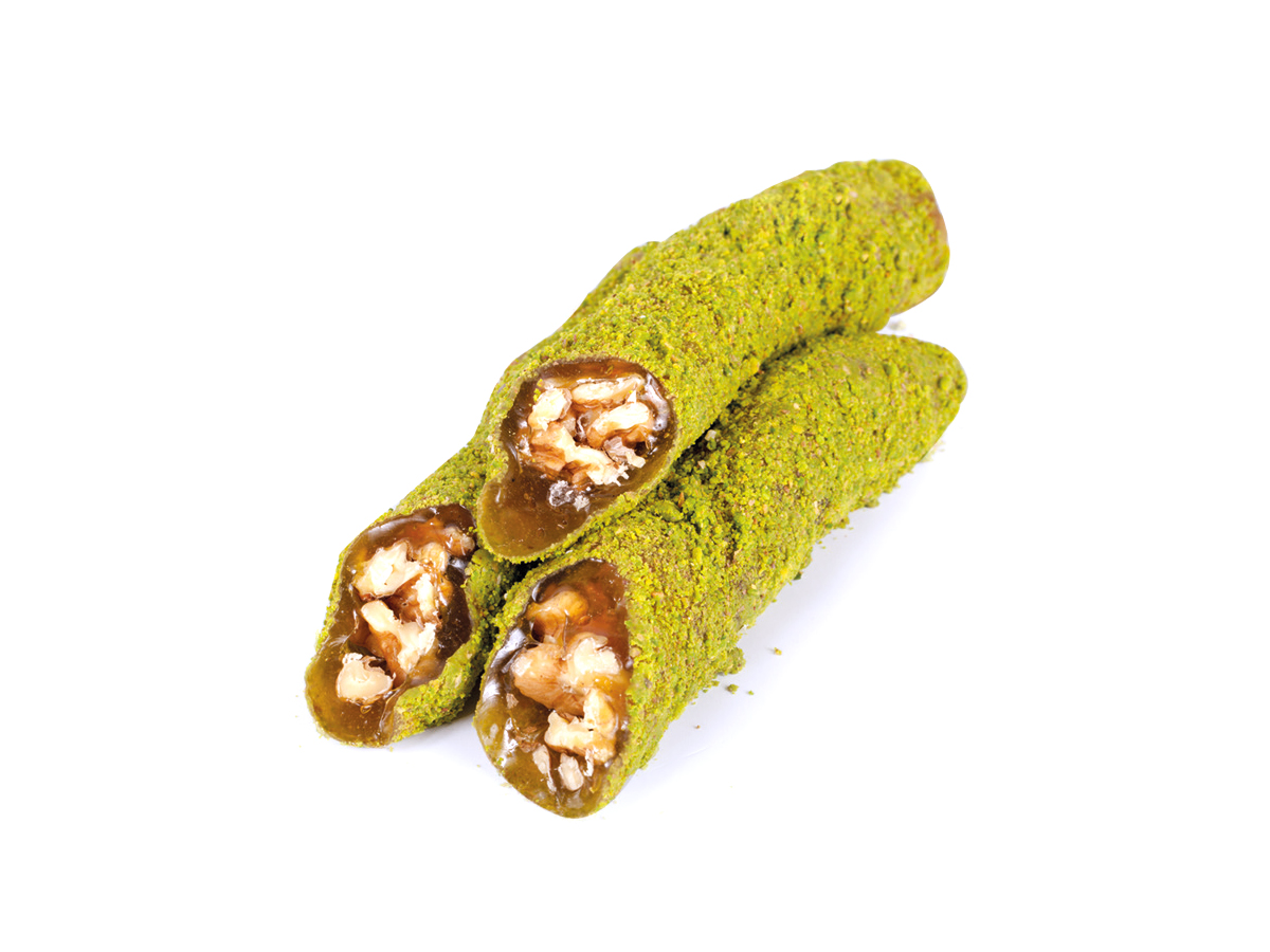Walnut Turkish Delight Sausage with Ground Pistachio Coating
